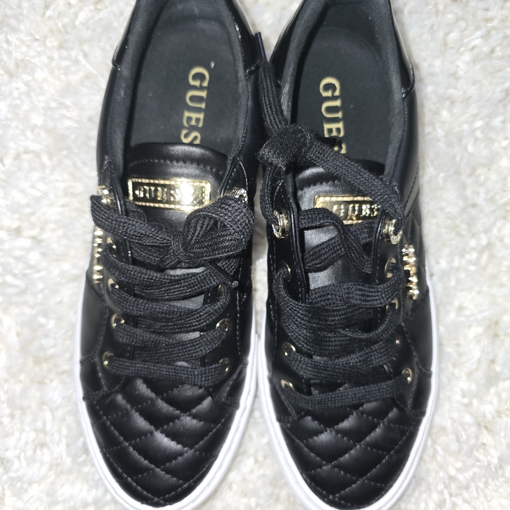 GUESS Black Quilted Lace-Up Sneakers with Gold Hardware
